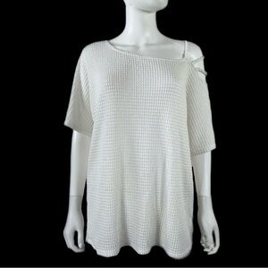 Lovely J Waffle Weave Asymmetrical Strappy Shoulder Tee